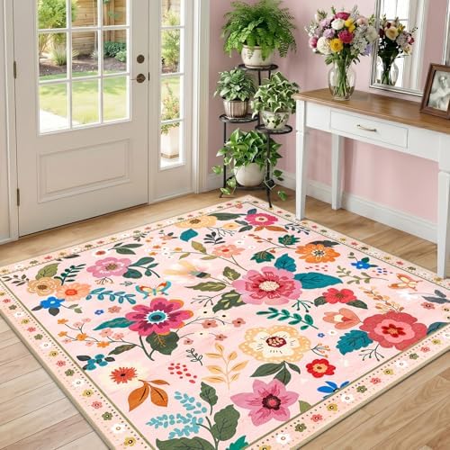 RELEANY Floral Washable Square 4ft Area Rug Pink - Image 2