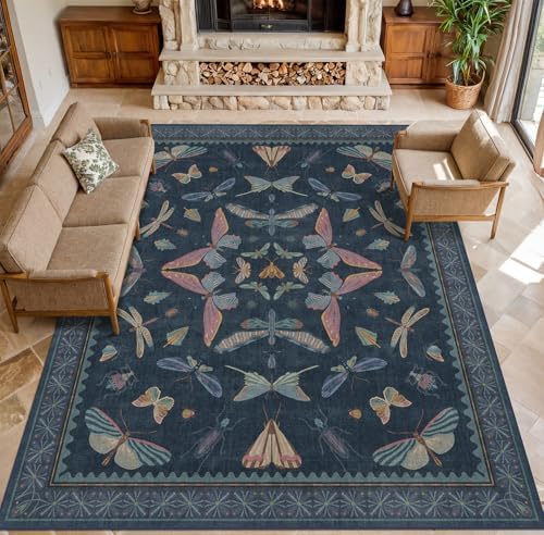 9x12 Washable Farmhouse Area Rug for Living Room, Bedroom & Dining Room Under Table, Dark Blue Boho Insect Design Carpet, Vintage Moth Décor, Soft Low Pile Rug by HazoHaus