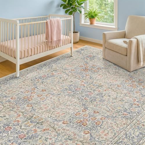 Beige Blue Living Room Rug 5x7, Cottage Area Rug for Bedroom, Vintage Washable Floral Mat for Nursery, Office, Low Pile Non Slip Stain Resistance French Country Style Retro Indoor (5x7 Beige Blue) - Image 3