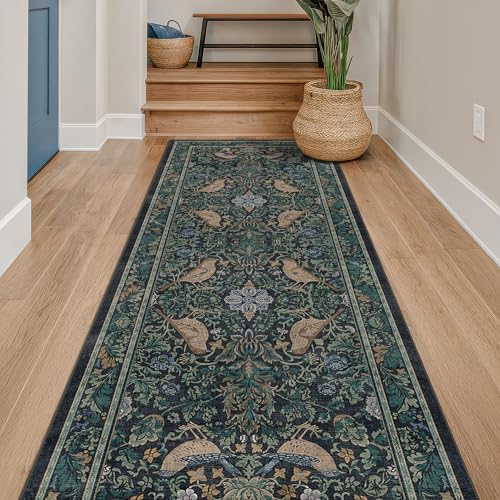 Hazo Haus Blue Boho 2'6"x10' Long Hallway Runner Rug - Vintage Floral Botanical Bird Runner Rug for Kitchen Floor, Laundry Room, Bedroom, Entrance, Washable Non Slip Low Pile by HazoHaus