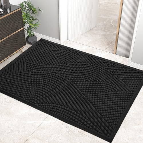 HIYARD Sturdy Front Door Mat, Absorbent Muddy Dirt Resist Welcome Door Mats Outdoor Indoor, Stain and Fade Resistant, Non-Slip Backing Entry Mat Low Profile Doormat for Entryway, 47×32, Black by HIYARD
