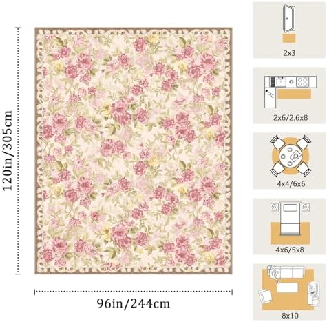 Washable 8x10 Area Rug, Cream Boho Floral Non-Slip for Living Room, Bedroom - Image 2