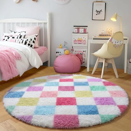 KICMOR Pink Rainbow Round Rug for Bedroom Girls, Cute Fluffy Soft 4ft Circle Area Rug Small Fuzzy Shag Shaggy Living Room Carpet, Circular Checkered Rug for Kids Room Home Decor Aesthetic, Nursery - Image 3