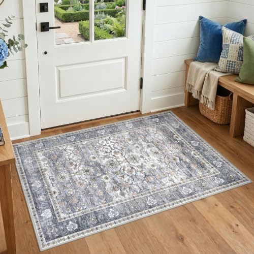 KUTA Vintage Floral 3x4 Entryway Rug Washable Area Rugs Grey Blue by KUTA