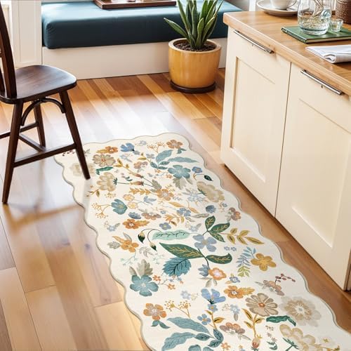 2x8 Washable Kitchen Runner Rug: Boho Vintage Floral Carpet Runner Cream - Image 6