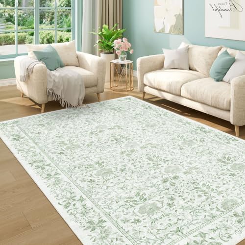 DUKINO 5x8 Area Rug Vintage Floral Washable Rugs for Living Room Sage Green - Image 5