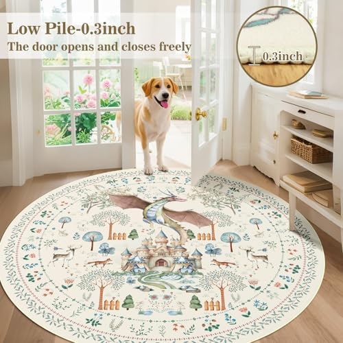 nesrt Washable Round Area Rugs for Living Room 8Ft Non Slip, Beige Dragon Forest Circle Dining Room Rugs Low Pile, Fantasy Animal Print Nursery Floor Carpets for Kids Bedroom Playroom Decor - Image 3