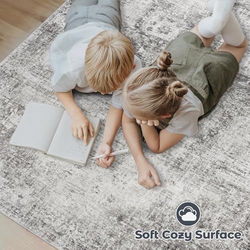 Area Rug 6x9 Washable Rug, Vintage Boho Medallion Rugs Non-Slip Soft Low Pile Large Distressed Rug Indoor Retro Carpet for Living Room Bedroom Dining Room Home Office (Grey, 6'x9') - Image 4