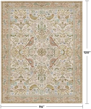 Washable Living Room Rug 8x10 - Country Style Beige Floral Area Rugs for Bedroom Under Bed, Dining Room Table Rug, Stain Resistant Non-Slip Neutral Farmhouse Décor with Light Blue and Green Accent - Image 2