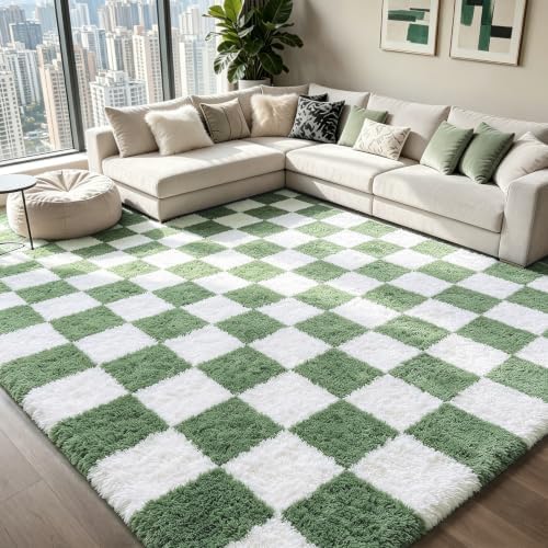 Large Area Rugs for Living Room Bedroom,9x12 Green and White Fluffy Soft Checkered Rug Fuzzy Shag Shaggy Carpet,Indoor Plush Floor Rugs for Teen Dorm Home Decor - Image 3