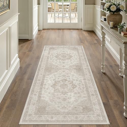 PureCozy Beige 2x5 Washable Runner Rug Vintage Oriental Medallion Carpet by PureCozy