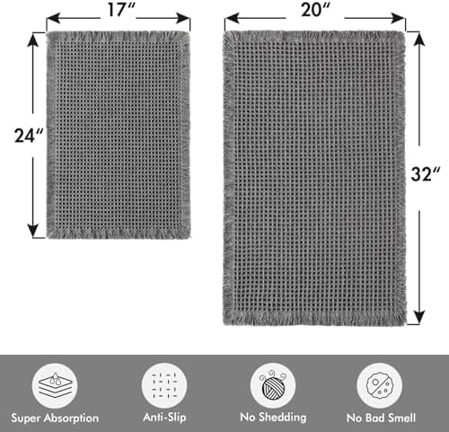 MIULEE Set of 2 Waffle Bathroom Rugs Dark Grey Bath Mat 17"x24"+20"x32" - Image 2