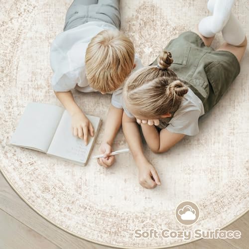 Round Rugs 5ft Washable Rug, Vintage Boho Medallion Rugs Non-Slip Soft Low Pile Circle Distressed Rug Indoor Retro Carpet for Living Room Bedroom Dining Room Home Office (Beige, 5' Round) - Image 5