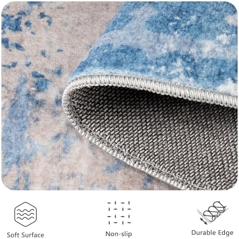 5x7 Rugs for Living Room - Modern Abstract Washable Rug, Ultra Soft Non Slip Low Pile Large Rugs, Floor Carpet for Bedroom Dining Room Office Laundry Nursery Home(Blue & Beige) - Image 5