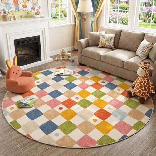 jinchan 8ft Kids Round Rug Washable Classroom Rug Colorful Checkered Mat - Image 7