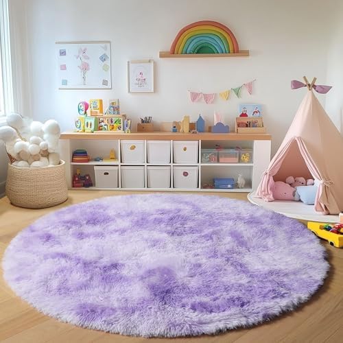 ONASAR Round Rugs 5ft for Bedroom Living Room, Tie-Dyed Purple Fluffy Circle Area Rug for Kids Girls Boys Teen, Soft Plush Shaggy Carpet for Nursery Dorm Classroom Playroom Home Decor Aesthetic - Image 4