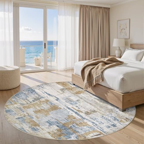kakania Abstract 8x8 Round Rugs for Living Room: Circle Rugs 8FT Blue Gold - Image 3