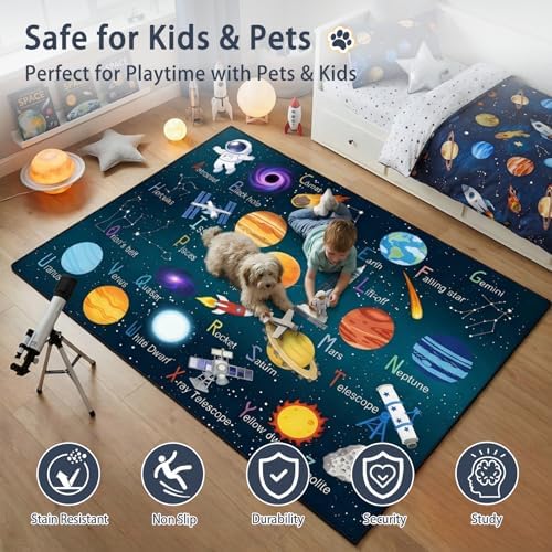 5x7 Ft ABC Alphabet Educational Area Rug for Children Girls Boys Leaning, Outer Space Decorative Rug for Kids Playroom, Classroom, Bedroom, Non-Slip & Soft Faux Wool Kids Carpet-Washable - Image 3