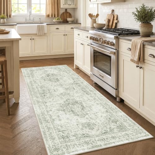 3x7 Washable Kitchen Runner Rug Non-Slip Medallion Green Throw Carpet by HOME