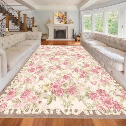 Washable 6x9 Area Rug, Cream Boho Floral Non-Slip for Living Room, Bedroom by GERUIMO