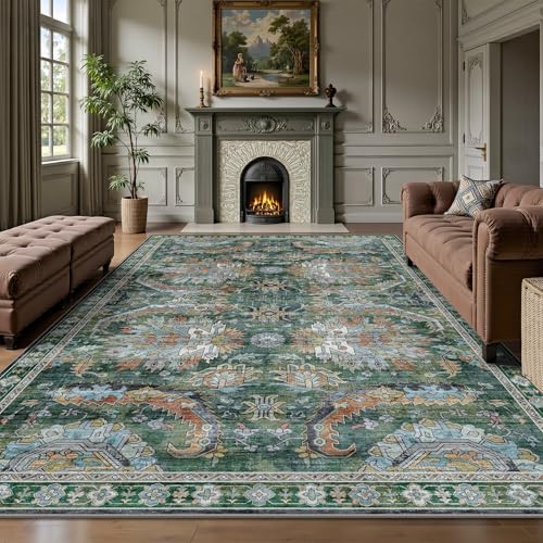 5x7 Area Rugs, Vintage Retro Soft Washable Rug, Non-Slip Low Pile Rugs for Living Room, Bedroom, Dining Room, Stain Resistant Home Decor Rug (Green) by Yarooge