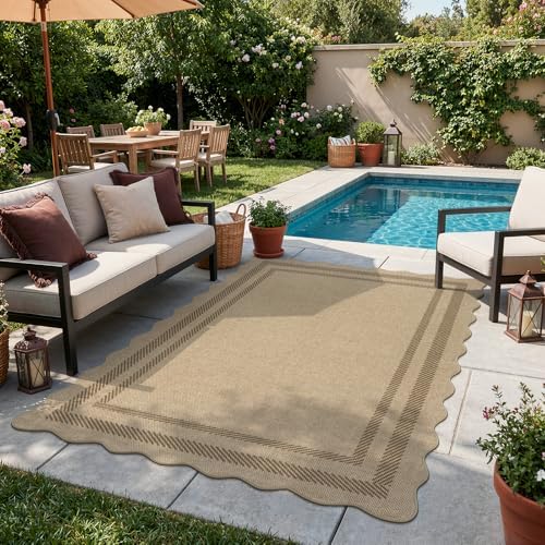 LIVEBOX Scalloped Easy Jute 4x6 Outdoor Rug, Washable Non Slip Geometric Area Rugs for Living Room Bedroom, Indoor Outdoor Farmhouse Rug Modern Carpet Door Mat Tan Rugs for Patio Dining Room Entryway - Image 3