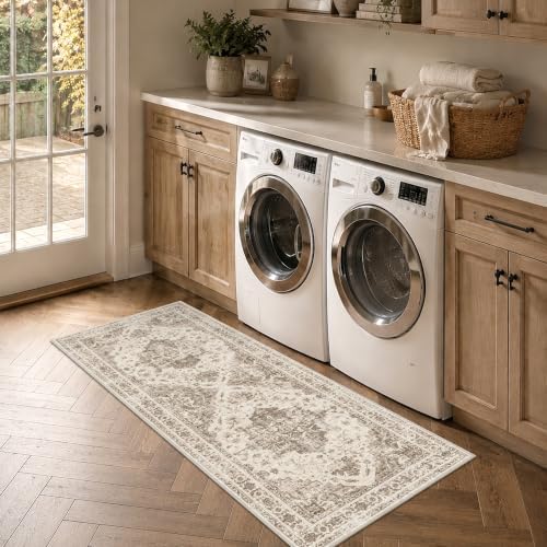 2x5 Washable Kitchen Runner Rug Non-Slip Medallion Taupe Throw Carpet - Image 3
