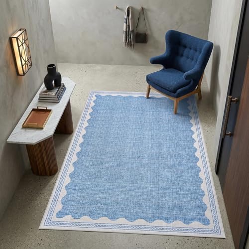 GarveeHome 4 x 6 Rug Non-Slip Washable Low-Pile Carpet - Scalloped Solid Blue Modern Minimalism Rugs for Bedroom Living Room Nursery Kitchen Entryway Indoor Mat with Rubber Back - Image 4
