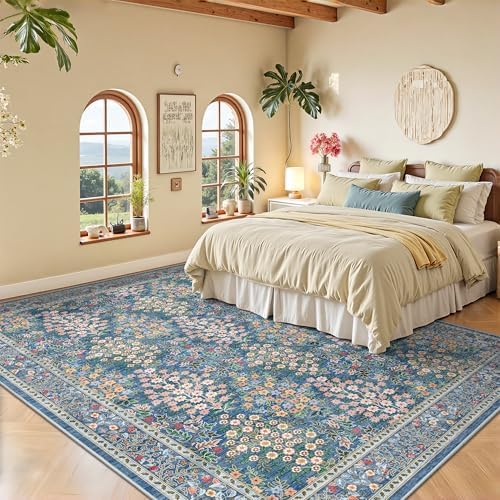6x9 Area Rugs, Washable Floral Area Rugs for Living Room, Indoor Area Rug for Bedroom, Dining Room, Low Pile Non-Slip Non Shedding Rug(Blue Floral) - Image 3