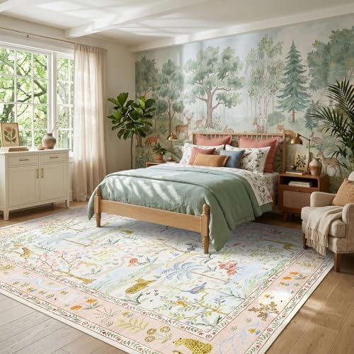 4x6 Whimsical Safari Nursery Area Rug Washable Non Slip Small Living Room Rugs Low Pile Animal Print Girs Bedroom Blush Throw Carpet Forest Fairy Tale Area Rugs for Entry Kids Room, Peach Blush - Image 4