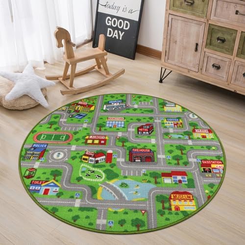 Capslpad Green Car Road Kid Rug Carpet Playmat for Playoom Traffic Road Kids Play Mat for Toddler Non Slip Washable City Map Race Track Carpet Rug for Kids Room Bedroom Nursery Room Decor,4'x4' by CapslpadDirect