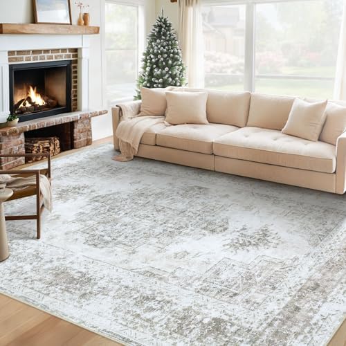 XLUEZ Area Rug 6x9 Living Room Rug, Machine Washable Vintage Distressed Medallion Rug Non-Slip Soft Low Pile Large Indoor Rugs for Bedroom Kitchen Dining Room Office(Taupe,6'x9') by XLUEZ