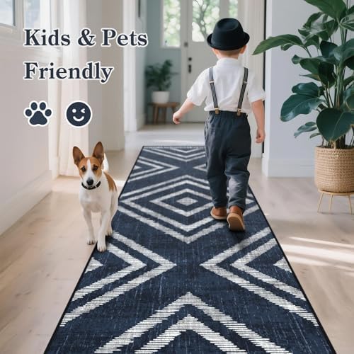 2x10Ft Boho Hallway Rug Runners Non Slip, Navy Blue Geometric Washable Kitchen Runner Rugs, Soft Thin Modern Farmhouse Entrance Floor Carpets for Entryway Doorway Bedroom Home Decor - Image 5
