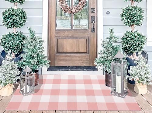 Pink and White Outdoor Rug 24"x51" Washable Buffalo Plaid Front Porch Rug - Image 7