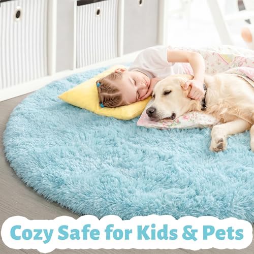 Amdrebio Light Blue Fuzzy Round Circle Area Rug 5Ft for Baby Kids Bedroom - Image 4