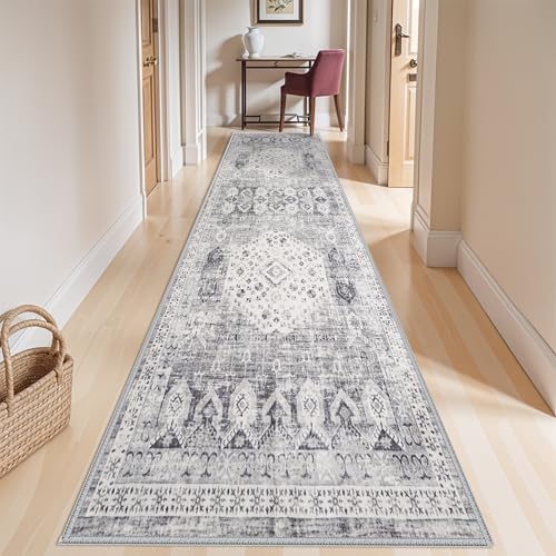 4x12 Washable Kitchen Runner Rug - Wide Indoor Entryway Hallway Rugs with Non Slip Backing Vintage Low Pile Carpet for Bedroom Laundry Ultra Soft Home Decor Floor Mat for Bathroom (Grey,4x12) - Image 3