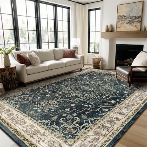 Vintage Distressed 8x10 Rugs for Living Room Bedroom, Washable Non Slip Dining Room Rugs for Under Table, Low Pile Thin Soft Carpet Farmhouse Dark Medallion Printed, Midnight/Multi by Jainmy