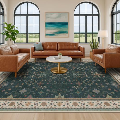 Hazo Haus Dark Green Vintage Living Room Rug 9x12 - Boho Unique Floral Victorian Decor, Washable Low Pile Non-Slip Extra Large Area Rugs for Dining Under Table Bedroom - Image 3