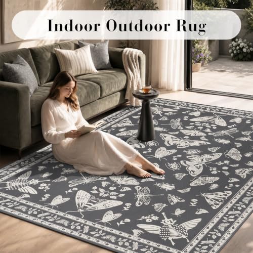 AMOAMI-Outdoor Rug-Patio Rug 8x10 ft Quick Dry Machine Washable Flatweave Textured Outdoor Carpet with Rubber Particles Backing Indoor Outdoor Rug for Patio Deck Front Porch Balcony Greyish Black - Image 3