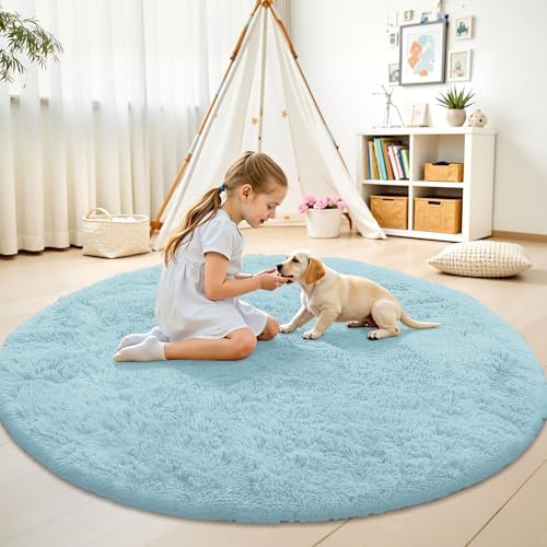 OLANLY Light Blue Round Rugs for Bedroom - Machine Washable, 5 ft Circle Area Rugs for Living Room, Soft and Fluffy Shaggy Carpet for Teen Girl and Boys, Nursery Rooms, Dorms, Home Decor Aesthetic - Image 3