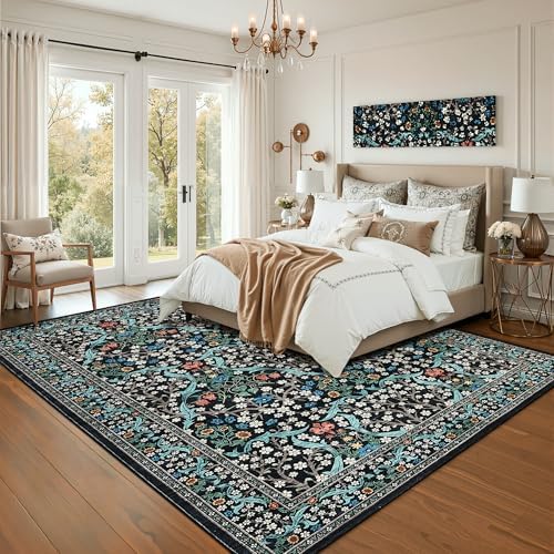 GarveeHome Washable Rug for Living Room, 9x12 Large Area Rug for Dining Room Under Table, Bedroom, Floral Soft Low Pile Non Slip Stain Resistant Carpet for Nursery, Playroom, Office, Black - Image 3