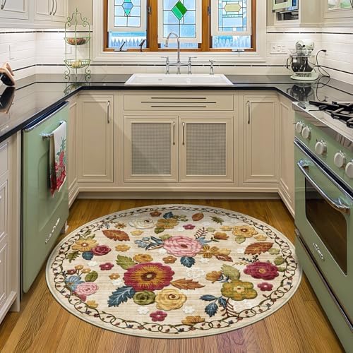 Washable 4ft Round Area Rug, Beige Boho Floral Non-Slip for Bedroom Kitchen by GERUIMO