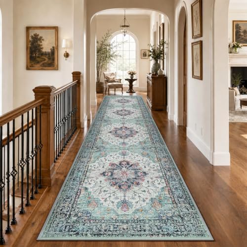 RELEANY Washable Area Rug, Runner 3'x12', Teal Green/White/Navy - Image 2