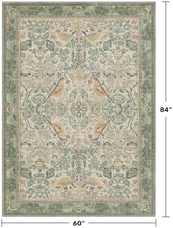 Hazo Haus Washable Sage Green Area Rugs 5x7 for Living Room, Bedroom Bedside, Dining Room, Office, Muted Cream Green Non Slip Stain Resistant Low Pile Botanical Floral Bird French Country Decor - Image 2