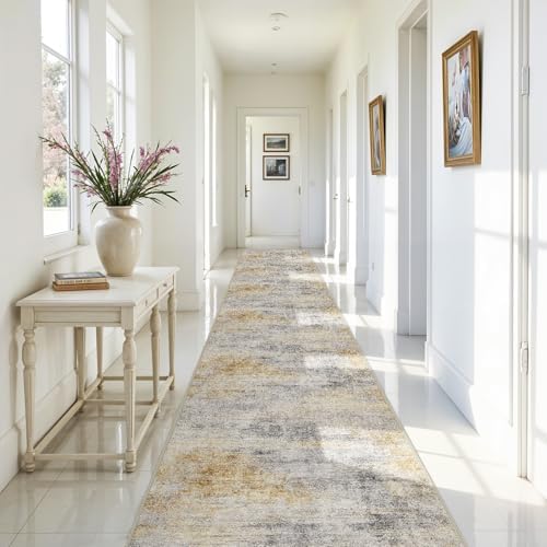 3x20 Runner Rug Washable Abstract: Non Slip Hallway Floor Mat Grey/Yellow - Image 3
