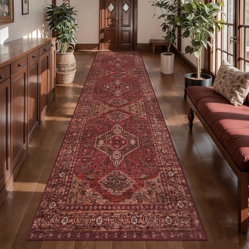 Tangsoo Red 2.6x8 Washable Runner Rug for Hallways,Boho Non Slip Runner Rug by Tangsoo