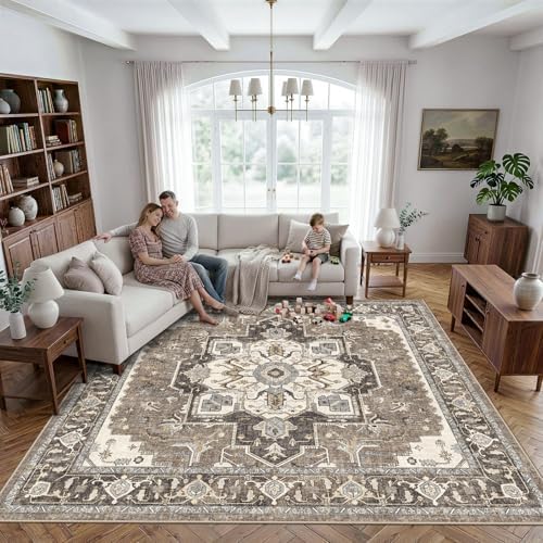 8x8 Area Rug Square for Living Room: Large Non-Slip Washable Rugs for Bedroom Dining Room Vintage Soft Low Pile Carpet Thin Stain Resistant Indoor Floor Mat for Home Office Apartment (Beige,8x8) - Image 2