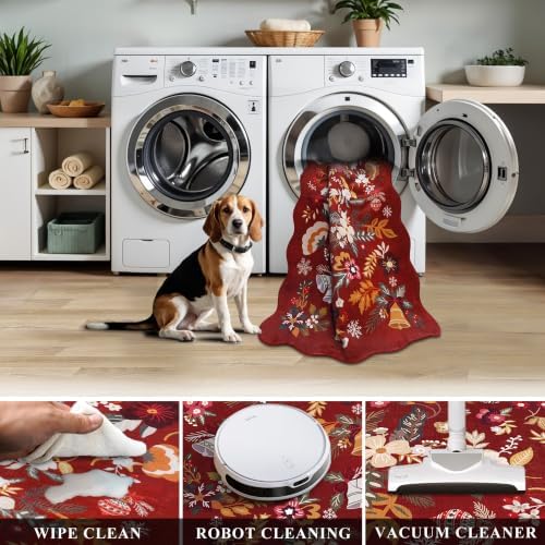 Christmas Red 2x6 Runner Rug: Washable Floral Scalloped Soft Kitchen Rugs - Image 5