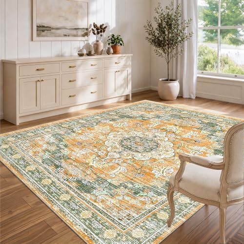 5x7 Area Rugs for Living Room, Boho Washable Non Slip Carpets, Green Orange by tubeamin