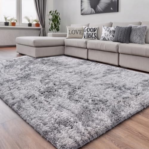 Amdrebio Tie-Dyed Light Grey Fluffy Large Rug 6x9 for Living Room Bedroom by Amdrebio